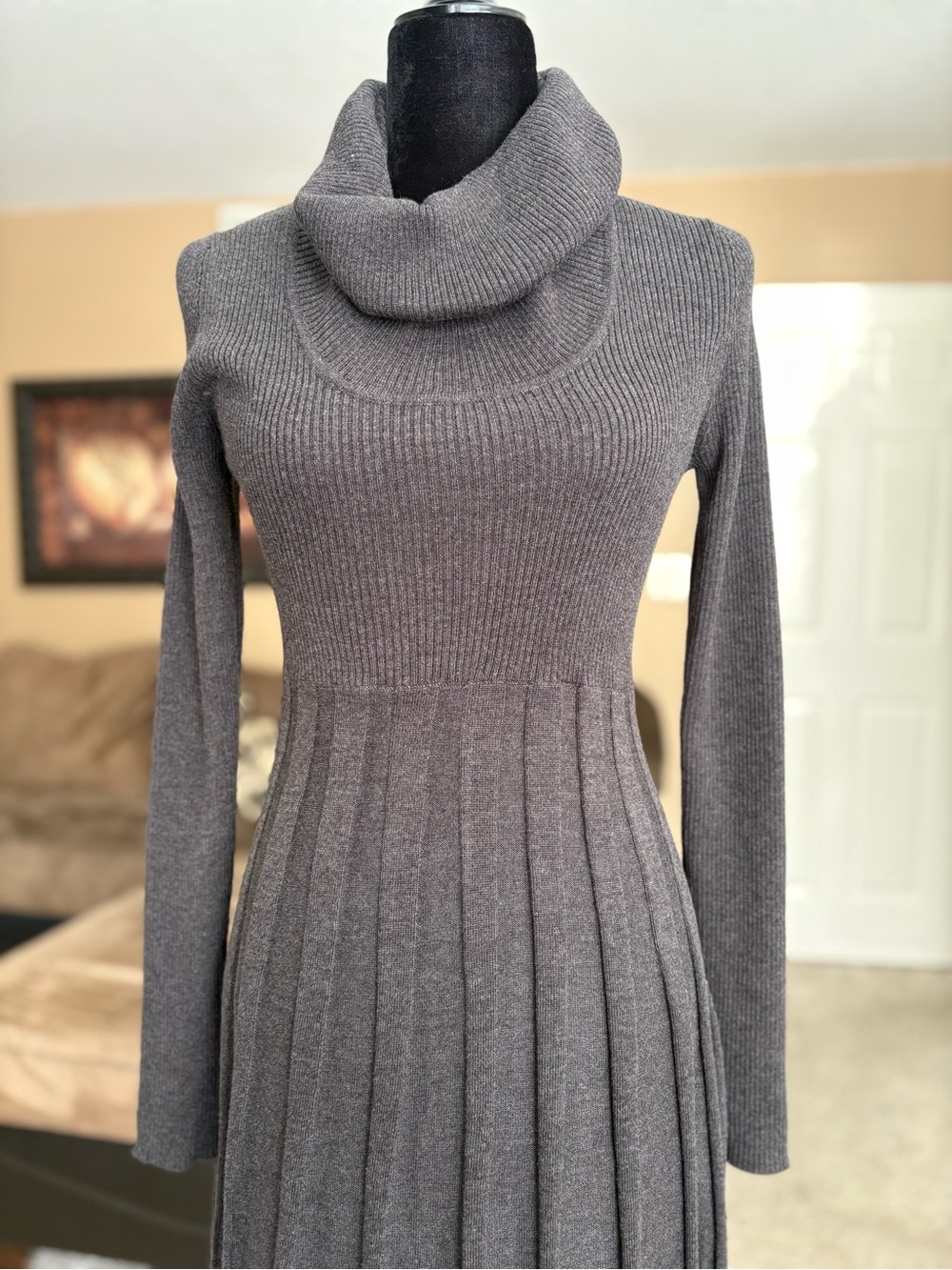 Calvin Klein Gray Cowl Neck Pleated Knit Dress